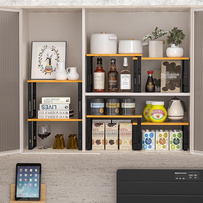Expandable Kitchen Cabinet Organizer Shelves – Stackable Adjustable Metal and Wood Storage Racks for Countertop, Pantry, Garage Set of 2 Spice Rack – Easy Assembly, Space-Saving(2 Packs/Large/Black)