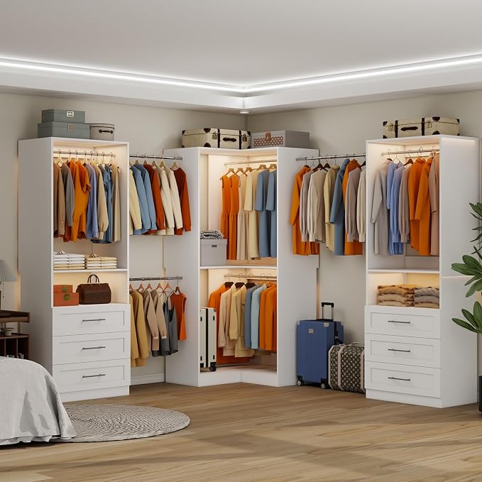 Closet System with 6 Wooden Drawers, 6.5-16FT Corner Closet Organizer System for Walk in Closet, Heavy Duty Modular Closet Systems, Built-in Shelving System with 7 Hanging Rods, 3-Piece Set