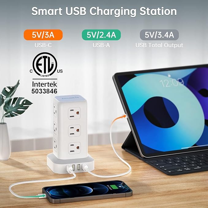 Tower Surge Protector Power Strip with 12 Outlets 4 USB (1 USB C), 6.5Feet Extension Cord with Multiple Outlets, Charging Station, Power Strip Tower, Office Desk Supplies (2 Pack)