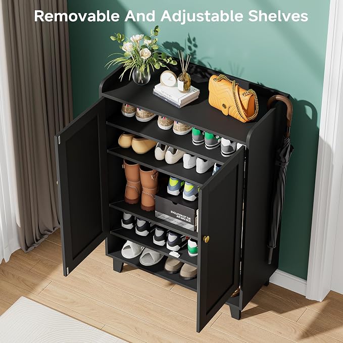 Flat-Shelf Shoe Cabinet with Doors，6-Tier Shoes Storage Cabinet with Adjustable Shelves，Wooden Shoe Rack Shoes Storage Organizer Cabinets for Entryway, Hallway, Living Room（Black）
