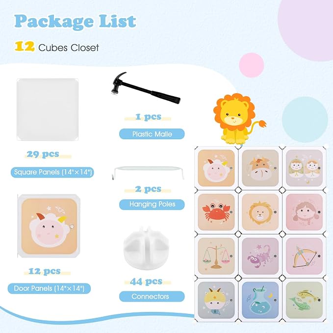 INFANS Children Wardrobe, Kid Closet Portable Baby Dresser Cute for Kids Bedroom Nursery Armoire with Doors 12 Cube 2 Hanging Sections, Kid Clothes Storage Organizer (Pink, 12 Cubes)