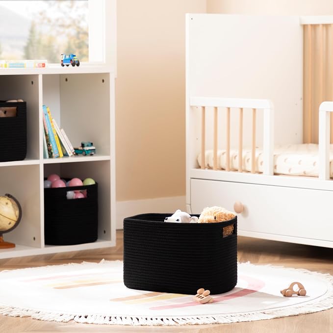 4 Pack Storage Baskets for Organizing, Shelf Baskets with Handles, Black | 14.5"L x 9.8"W x 9"H, Woven Basket, Cotton Rope Basket, Toy Storage, Cube Shelf, Gift Baskets Empty, Home Decor