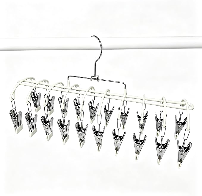 Pants Hangers with 20 Clips, Space Saving Hanging Closet Organizer (Beige) | 360°swivel & non-slip rustproof clips, multi-functional organizer holds leggings, skirts, hats, socks, scarves and lingerie