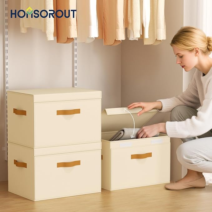 Homsorout Large Storage Bins with Lids - Front Opening Fabric Storage Bins, Flap Closet Organizer with Handles, Collapsible Boxes with Lid, Decorative Basket for Home, Dorm, 6 Pack, Beige