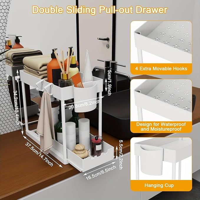 2 Pack Under Sink Organizers and Storage, 2-Tier Sliding Cabinet Organizer Drawer for Bathroom and Kitchen – Multi-Purpose Cabinet Organizer with Easy Pull-Out Design (White)