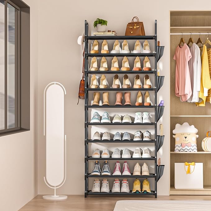 LUKYTOWER Tall Shoe Rack - 10 Tier Shoe Organizer 30-35 Pairs Boot Storage | with 5 Hooks, Pocket & Sturdy Large Vertical Shoe Shelf Stand Tower, Closet, Entryway, Bedroom, Garage, Free Standing