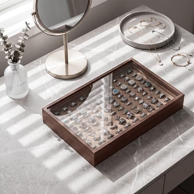Wood Jewelry Organizer Tray, Rings Holder (Brown, 2Pc, Glass Lid) | Glass Top Rings Display, Dust-Proof Rings Organizer, Rings Tray Display, Elegant Jewelry Storage