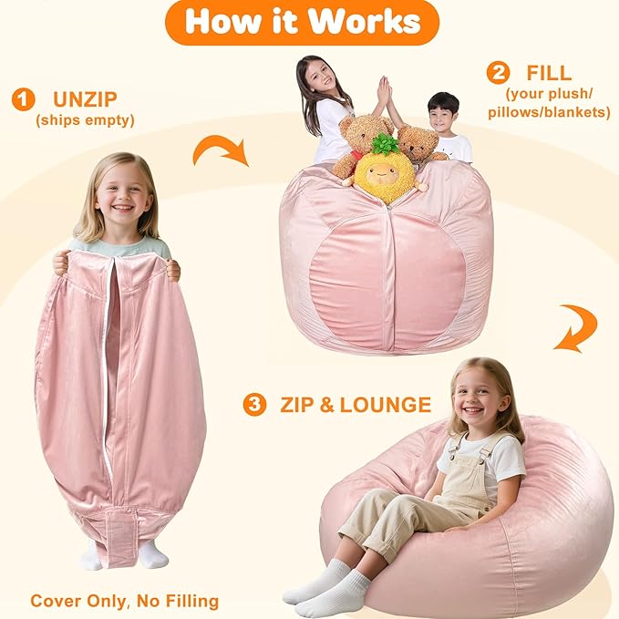 Lukeight Stuffed Animals Storage Bean Bag Chair Cover Only (Ships Empty, No Filling) - Velvet YKK Zipper Beanbag Cover for Kids and Big kids, Washable Plush Toy Organizer, X-Large 30" D x 18" H
