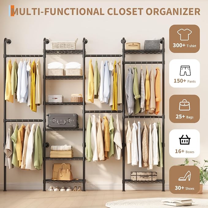 Garvee L4 Wall Mounted Pipe Closet System, Matte Black | Carbon Steel, Expandable Rods 23.62-35.43 in, 8 Wire Shelves, Closet Storage