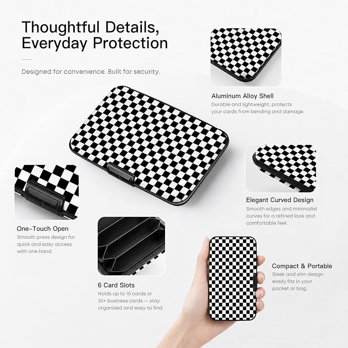 Credit Card Holder, Black and White Checkered, Mini Aluminum Wallet | RFID Blocking, Slim Design, Metal Business ID Case, For Women Men