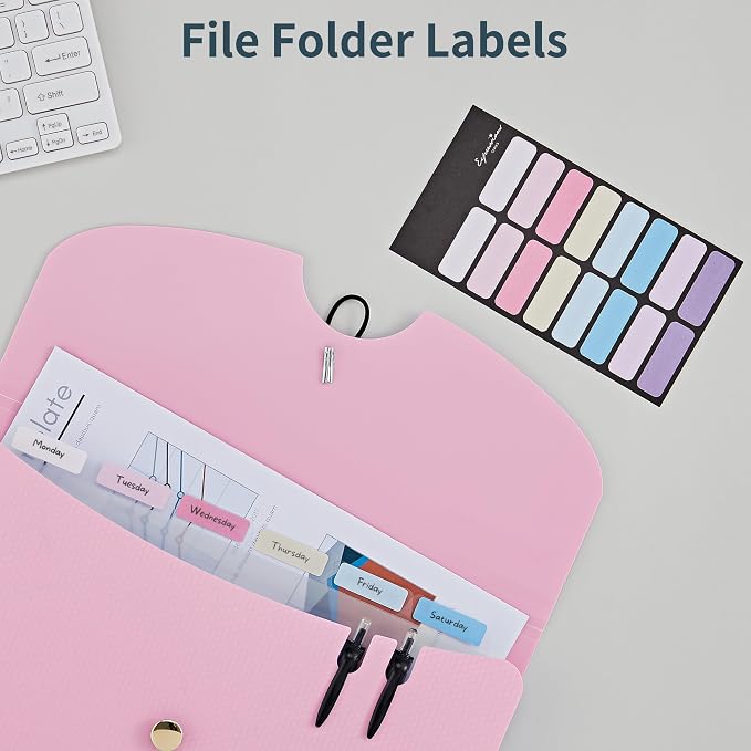 JARLINK 7 Pockets Expanding File Folder, A4 Accordion folders, Pink | Accordion File Folders with 12 Labels, Portable Document Organizer for Home, College, School, and Office Supplies