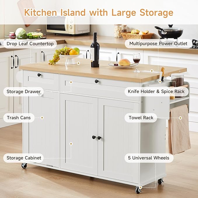 ONBRILL 60" Kitchen Island with Power Outlet & Drop Leaf, Rolling Island with Spice Rack & Towel Rack, Kitchen Island Cart with Trash Storage Cabinet, Island Table for Kitchen, White