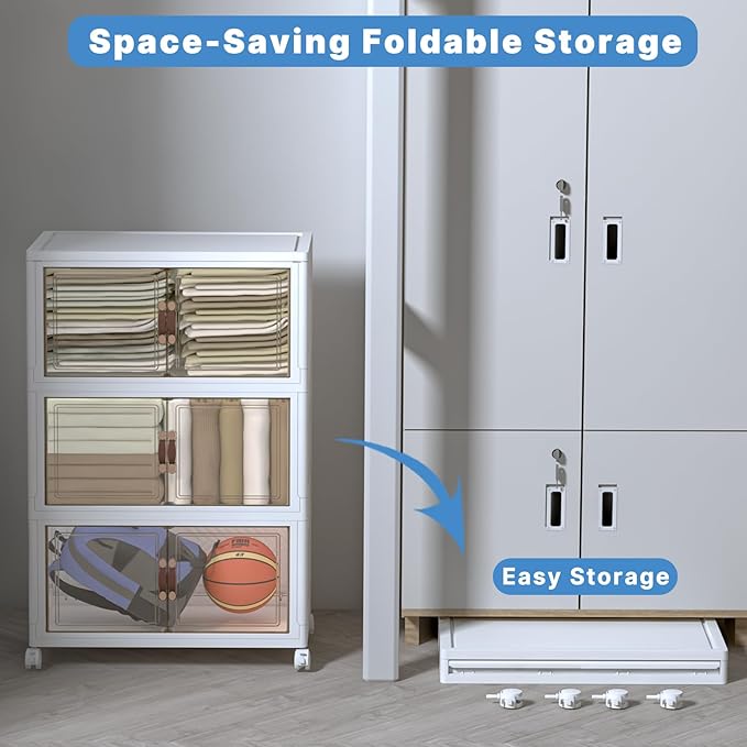 Stackable Storage Bins with Lids, Collapsible Storage Boxes, Foldable Plastic Storage Drawers for Bedroom,Office, Dorm (6, White, M)