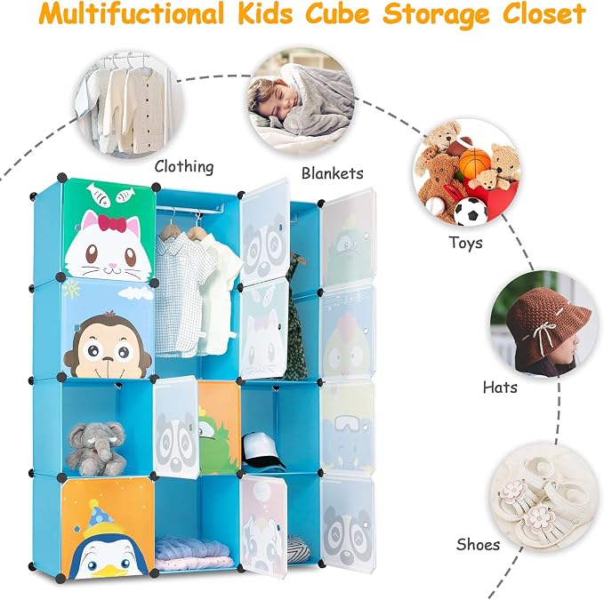 12 Cubes Storage Organizer,Portable Closet Wardrobe,Plastic Clothes Storage Shelves,Modular Bookcase Closet Cabinet,with Doors,for Kitchen, Bedroom, Playroom, Living Room, Office, Dorm (Blue)