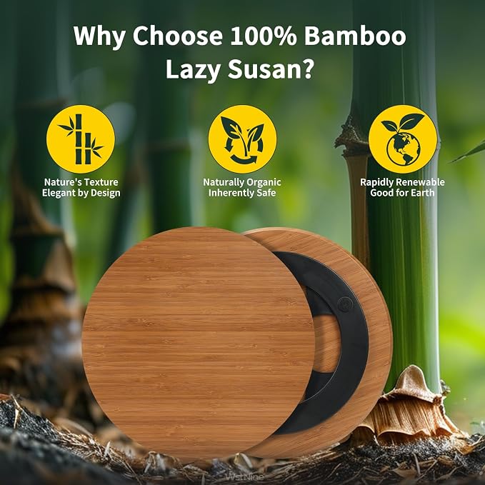 14'' Bamboo Wood Lazy Susan Organizer, Lazy Susans for Table Top, Deep Carbonized Rotating Tray, Sturdy Spinning Base, Non Slip, Spice Rack Organzier, Turntable for Kitchen Cabinet, Countertop, Pantry