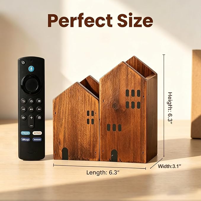 DAWASAPAT Wooden House Remote Control Holder/Remote Caddy & Desktop Organizer for TV Remotes, Stationery, Pencils, and Glasses set of 2
