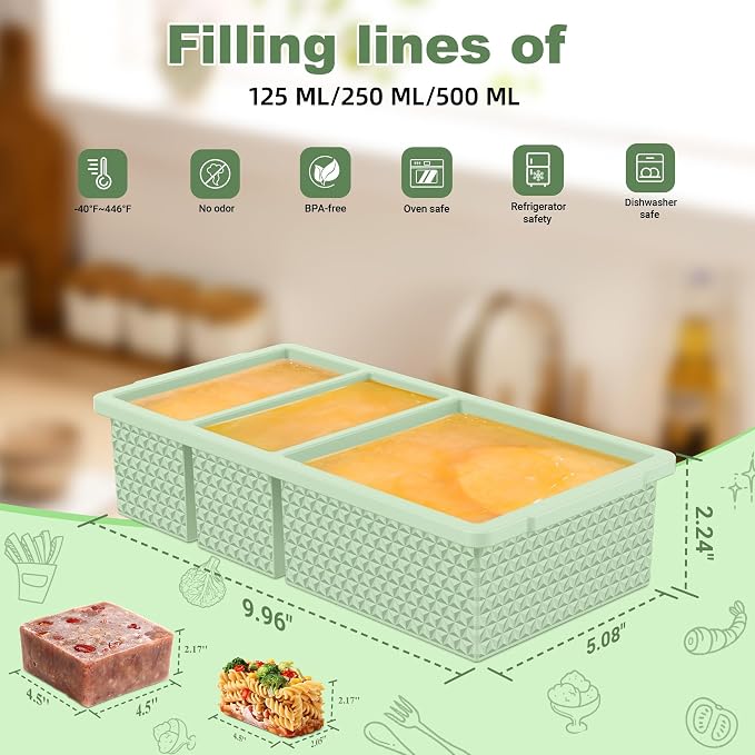 3 Pack - Silicone Freezer Trays with Lid, 1-Cup & 2 Cup Freezer Molds, Silicone Food Storage Containers for Meal Prep, Freezing Soup Sauce, Broth Leftovers