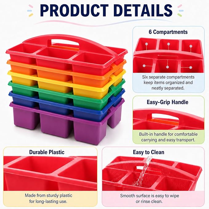 gisgfim 6 Pack Plastic Classroom Caddy with 6-Compartments Plastic Storage Caddies with Handle 6 Compartments Table Caddy Organizer Versatile Table Caddies for Classroom Office Storage, Rainbow Color