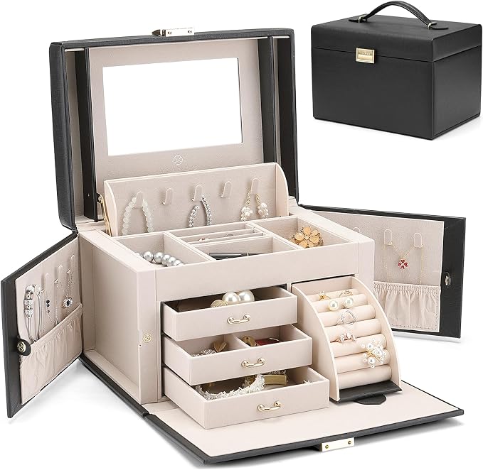 VLANDO Jewelry Box Organizer for Girls Women, Large Baroque Jewelry Holder Organizer with Mirror, 3 Drawers for Bracelets, Earrings, Rings, Necklaces, Mothers Day Gifts for Loved One, Black