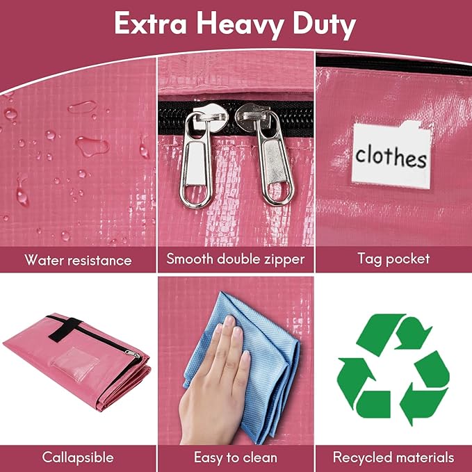 2-Pack Extra-Large Heavy-Duty Storage Totes with Reinforced Handles, Durable Zippers & Waterproof Material — Perfect for Space-Saving, Moving, Shipping and Travel (PINK)
