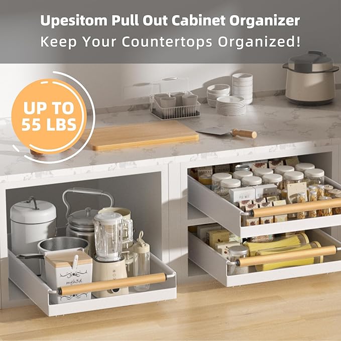 Pull Out Cabinet Organizer, 15.3'' Deep Expandable Slide Out Cabinet Organizer Fixed with Adhesive Nano Film, Slide Out Drawers Pull Out Tray for Cabinet in Kitchen, Pantry, Bathroom, White