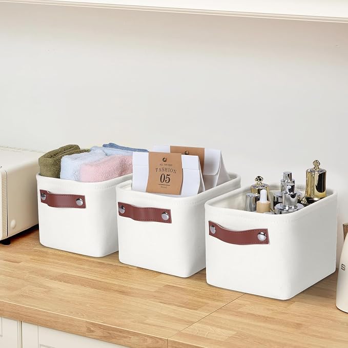 Small Fabric Storage Bins, Mini Storage Cubes, 7.8x6.7x5.9 inch | Decorative Storage Basket, Collapsible Storage Organizer, with Handles, For Desk Shelves Makeup, 4-Pack, White