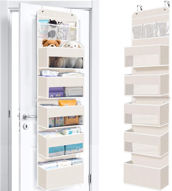 WISELIFE 6-Tier Over The Door Organizer Storage Detachable Design Door Hanging Storage Organizer with Clear Window Behind The Door Storage for Nursery Bedroom Bathroom Pantry Closet Beige