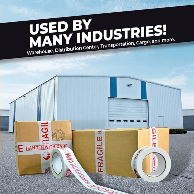 WOD CST2FW Fragile Tape Handle with Care Packing Tape 2 in. x 110 yds. Heavy Duty Carton Sealing Tape Red Lettering for Fragile Cargo and Box Office Moving Shipping