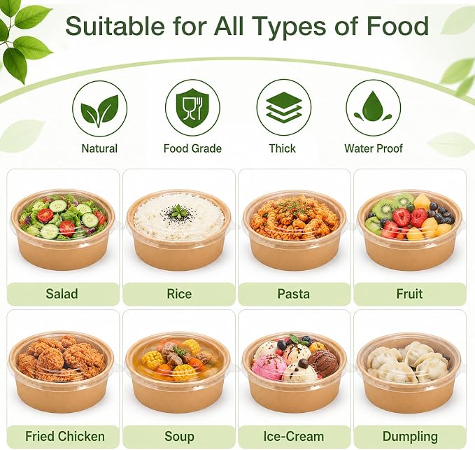 50pks 17oz Disposable Meal Prep Containers, Disposable Bowls with Lids | Disposable kraft paper bowls with lids, Waterproof, Safe for hot & cold food, Perfect for catering, parties, lunch takeout