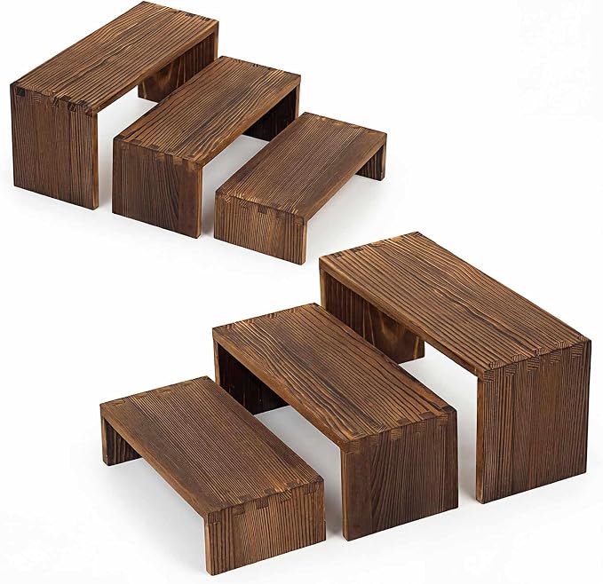 3-Tier Wood Display Riser 2 Set, Tiered Display Stand for Food, Kitchen, Desk & Party - Solid Pine Wooden Shelf & Organizer for Plants, Collectibles, Office (9.5/8.5/7.5 In)