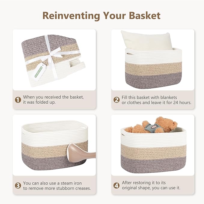 ECDYQXVU 15x10x9 Woven Cotton Rope Storage Basket, Leather Handles 3 Pack | Foldable Design, Sturdy PU Handles, Easy to Clean Organizer for Living Room, Closet, Shelves, Bedroom, Laundry, Clothes
