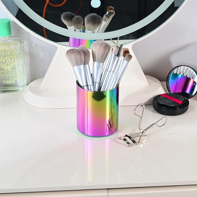 Aurora Rainbow 304 Stainless Steel Pen Holder & Pencil Cup, Metal Desk Caddy & Desktop Stationery Organizer, Mirror Finish & Vacuum Plating(2-Piece Set)
