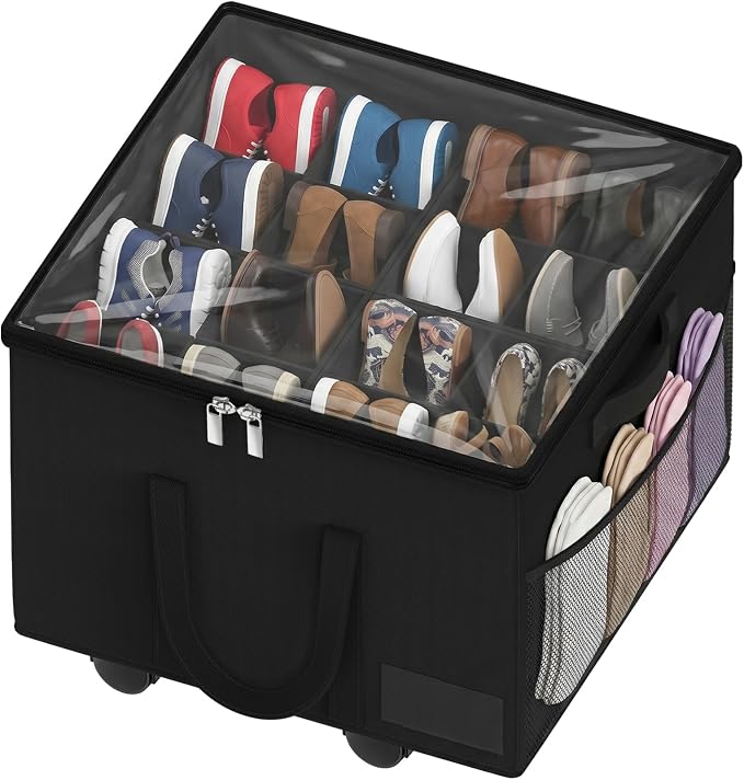 Large Shoe Organizer for Closet, 16 Pairs Shoe Storage Box with 360° Wheels & Reinforced Handles, Adjustable Dividers, Clear Cover, Side Pocket, Foldable Oxford Fabric Bin for Entryway, Black