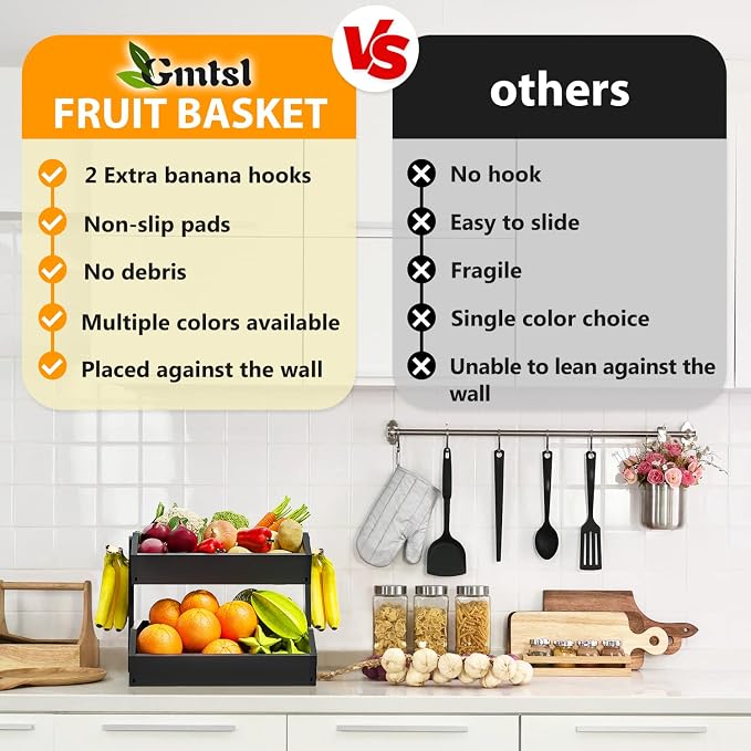 Gmtsl Bamboo Fruit Basket for Kitchen, Fruit Holder for Kitchen Countertop | 2 Tier Fruit bowl for Kitchen Counter, Fruit Stand, Vegetable Basket Storage, Produce Organizer, Bread Snack Display(BLACK)