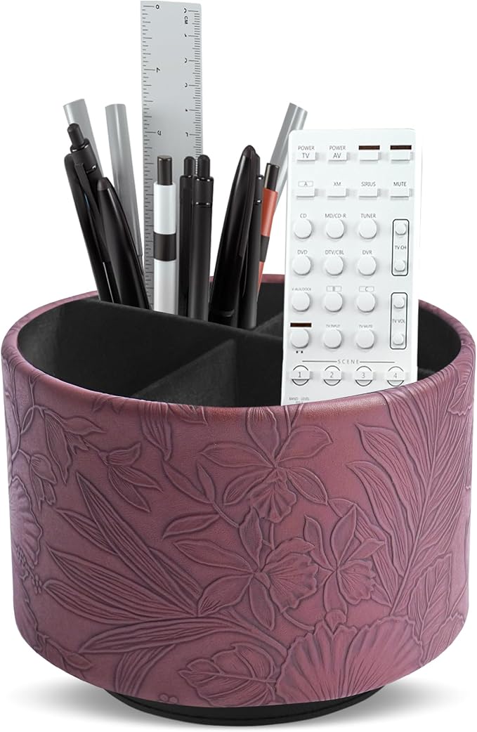 Round Leather Art Supply Organizer,Remote Control Holder,360 Degree Spinning,Multi-Functional Pencil Holder,4 Compartments Desktop Stationary Organizer(1-Carved Dark Brown)