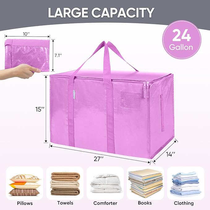 TICONN 4 Pack Extra Large Moving Bags Heavy Duty with Zippers & Carrying Handles, Durable Storage Bags Moving Boxes for Closet Organizers and Storage (4 Pack, Pink)