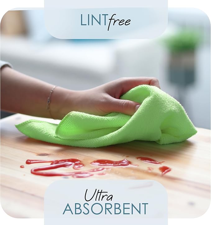 Hearth & Harbor 12 Pack Microfiber Washcloths, Green, 12"x12", Lint Free, Scratch Free, Reusable