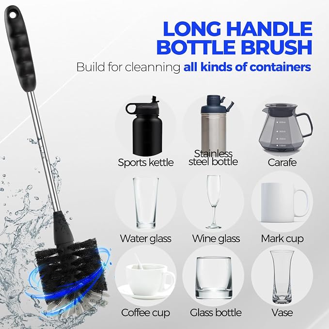 Holikme 6 Pack Bottle Brush 14" Stainless Steel Straw Cleaner Brush,Black | Bottle Cleaner Brush, 3 Straw, Bottle Cleaning Brush for Water Bottle, Baby Bottle Brush, Antistatic Brushes