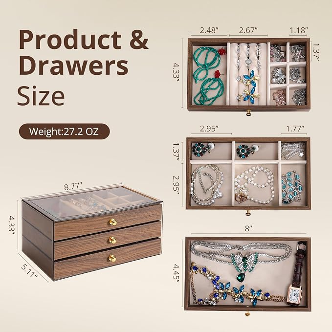 CLUQMEIK 3 Layer Acrylic Case Wooden Drawer Jewelry Organizer with Velvet Lining, Jewelry Box for Women and Girls to Store Rings Earrings Bracelets Necklaces(B)