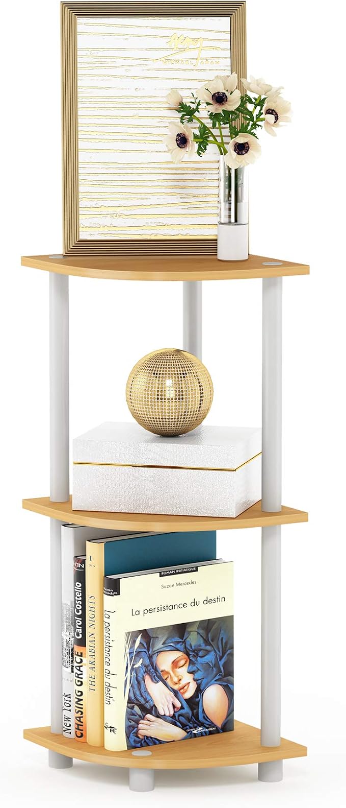 Furinno Turn-N-Tube Toolless Assembly 3-Tier Corner Shelf, Oak Corner Book Shelf, Open Shelves Bookshelf, for Organization and Storage, Living Room, Home Office, Bedroom, Light Beech