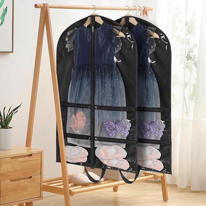 KEEGH 40 inch Clear Garment Bags for Dance Costumes, 2 Pack, Black | 4 Zipper Pockets, for Dance Competitions, Ballet, Theatre, Dance Garment Bags for Dancers, Hanging Clothes for Closet Storage