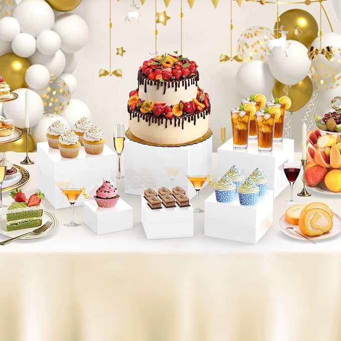 6Pcs White Buffet Risers Set (Size 5",6",7",8",9",10"),Food Risers for Buffet Table Display Stand Shelf for Party Catering Dessert Collectibles Acrylic Cube Boxes Display with Hollow Bottoms