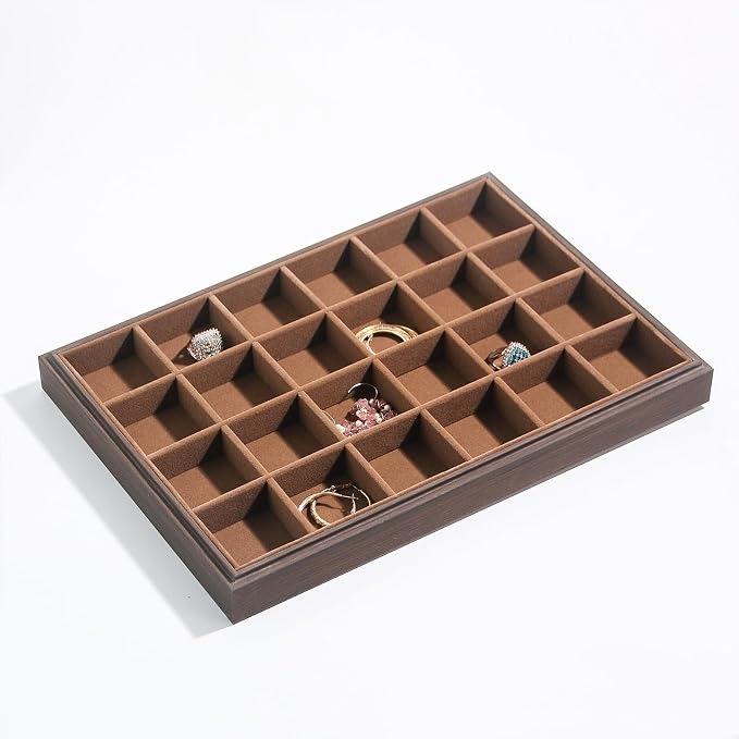 Wood Jewelry Organizer Tray, Earrings Holder (Brown, 2Pc, 24 Grids) | Stackable Earrings Organizer, Earrings Display Tray, 24 Grids Ring Holder, Space-Saving Storage