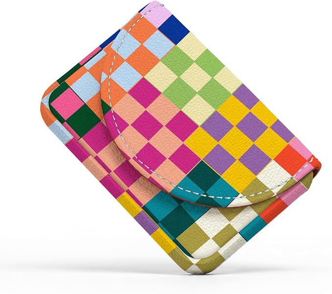 Business Card Holder，PU Leather Business Card Case Purse Colorful Checkered | Pocket Travel Name Card Case for Men and Women Gift，Portable Magnetic Business Card Carrier for Purse