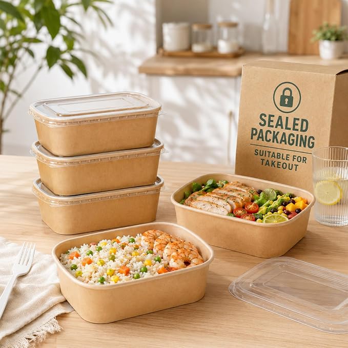 Holotap 50 Pack 25 OZ Disposable Kraft Paper Bowls with Lids【with Spoons and Forks】,Disposable Food Containers, Microwave Safe for Hot Soup, Disposable Meal Prep Containers for Restaurant Supplies