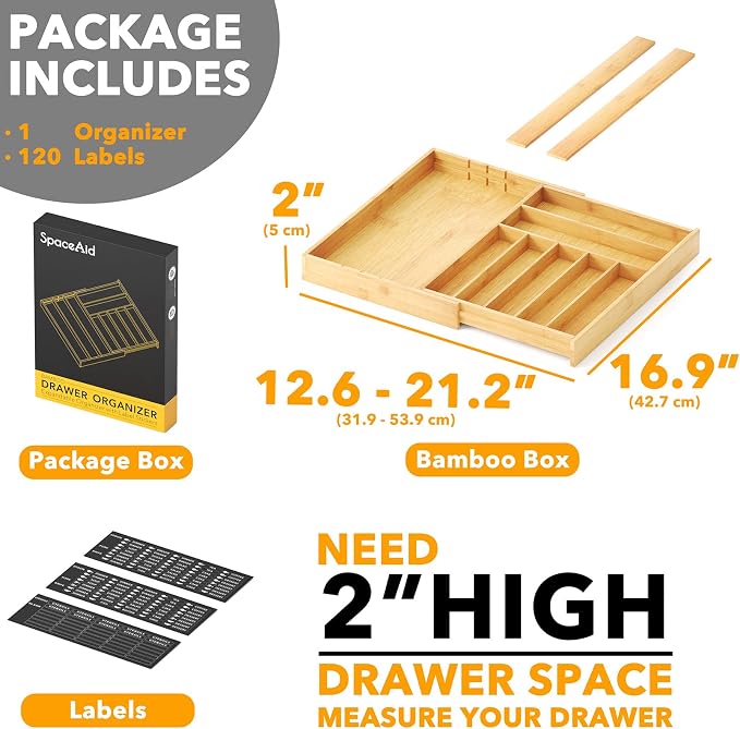 SpaceAid Bamboo Silverware Drawer Organizer with Labels, Kitchen Utensil Expandable Tray Holder Organizer for Flatware, Cutlery, Spoon and Knives Drawer Storage Organization (Natural, 10 Slots)