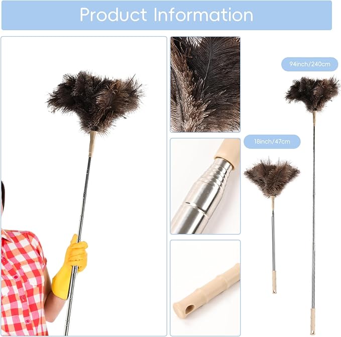 THARAHT Extendable Ostrich Feather Duster up to 27-94 inches Fluffy Feathers Long Handle Reusable for Cleaning Ceiling Fan Pendant lamp High Ceiling Blinds Furniture Feather Duster