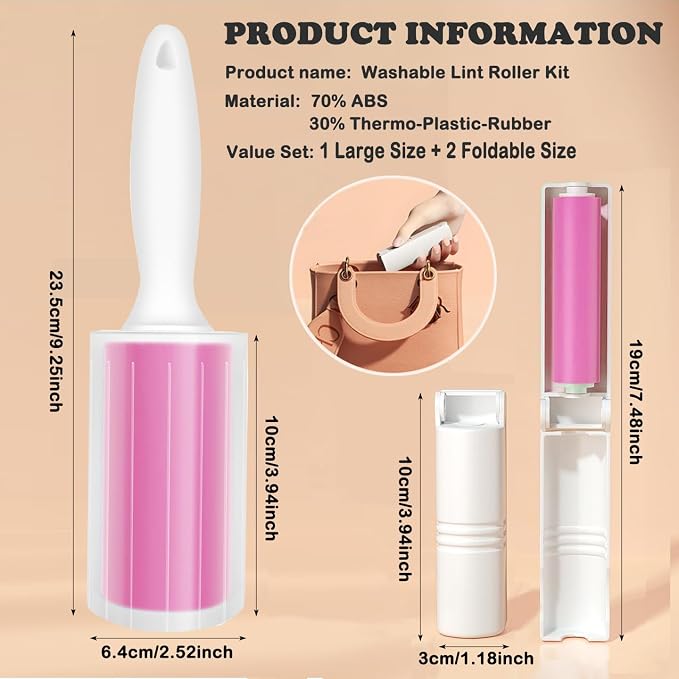 Washable Gel Lint Roller 3 Pack, Large & Mini Pet Hair Remover, Pink | Reusable & Sticky Gel Surface, With Protective Covers, For Clothes & Home Use, Easy Cleaning