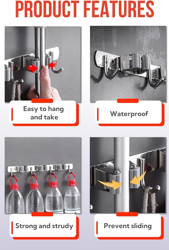 Mop and Broom Holder Wall Mount, Upgraded Broom Hanger Wall Mount, Stainless Steel Broom Organizer for Closet Garage Laundry Room Kitchen Wall Decor(5Racks 4Hooks Silver)