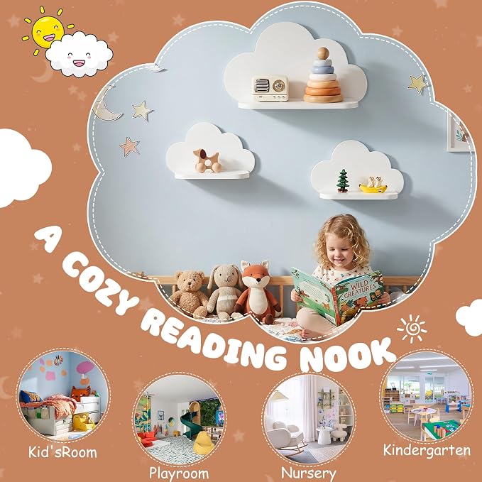 Floating Cloud Shelves,Set of 3 Wall Mounted White Wavy Shelves | White Wall Shelf Floating Wooden Wall Mounted Shelves Clouds Dispaly Shelf for Kid’s Room,Toys, Plants & Storage